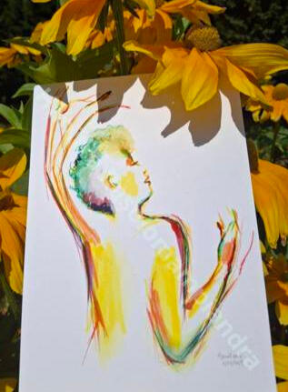 Esquisse femme aux feutres dans les fleurs