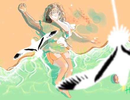 Femme plage oiseaux